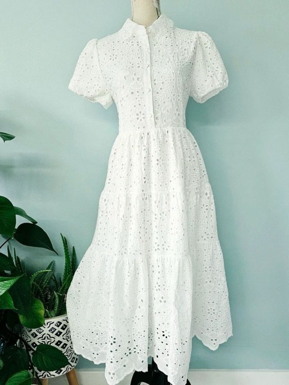White Eyelet Tiered Maxi Dress with Puff Sleeves - Classic Summer Style